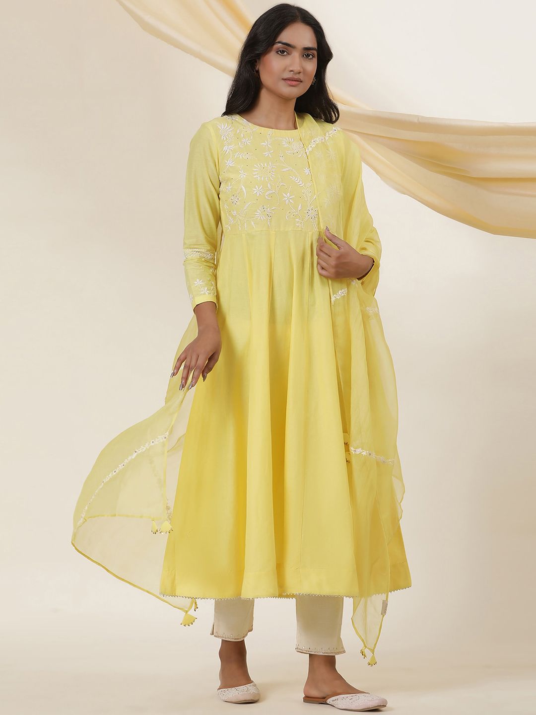 W Yellow Floral Embroidered Thread Work Cotton Empire Anarkali Kurta