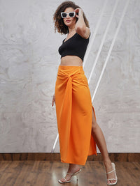 Athena Orange-Coloured Knotting Straight Midi Skirt