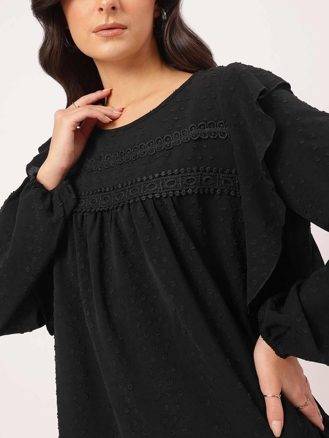 DressBerry Muted Melodies Dobby Weave Lace Inserts Ruffled Top