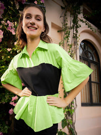 Athena Green & Black Colourblocked Pure Cotton Peplum Top