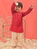 VASTRAMAY Boys Bandhani Printed Band Collar Straight Kurta With Patiala