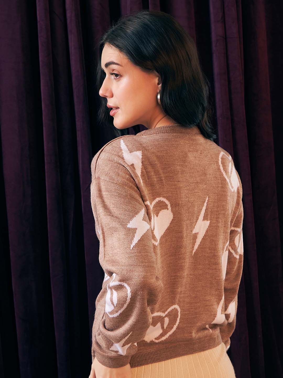 Berrylush Brown Graphic Printed Round Neck Acrylic Pullover Sweater