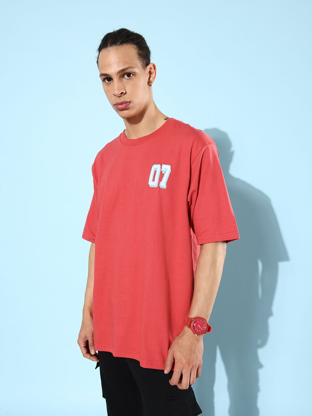 DILLINGER Men Red & White Typography Embroidered Oversize Pure Cotton T-shirt