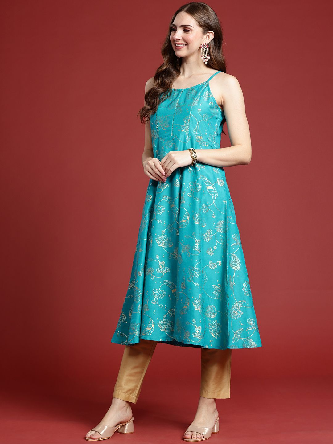 Anouk Shoulder Straps Gotta Patti Detail Floral Printed A-Line Kurta