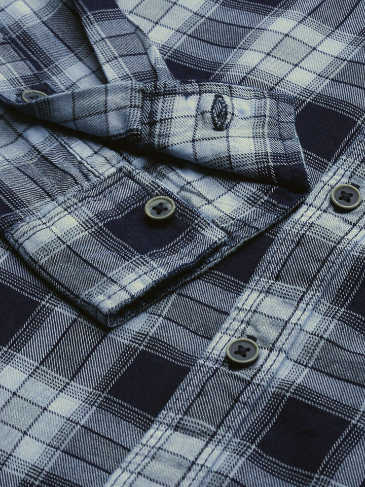 The Indian Garage Co Men Navy Blue Tartan Checked Regular Fit Cotton Casual Shirt