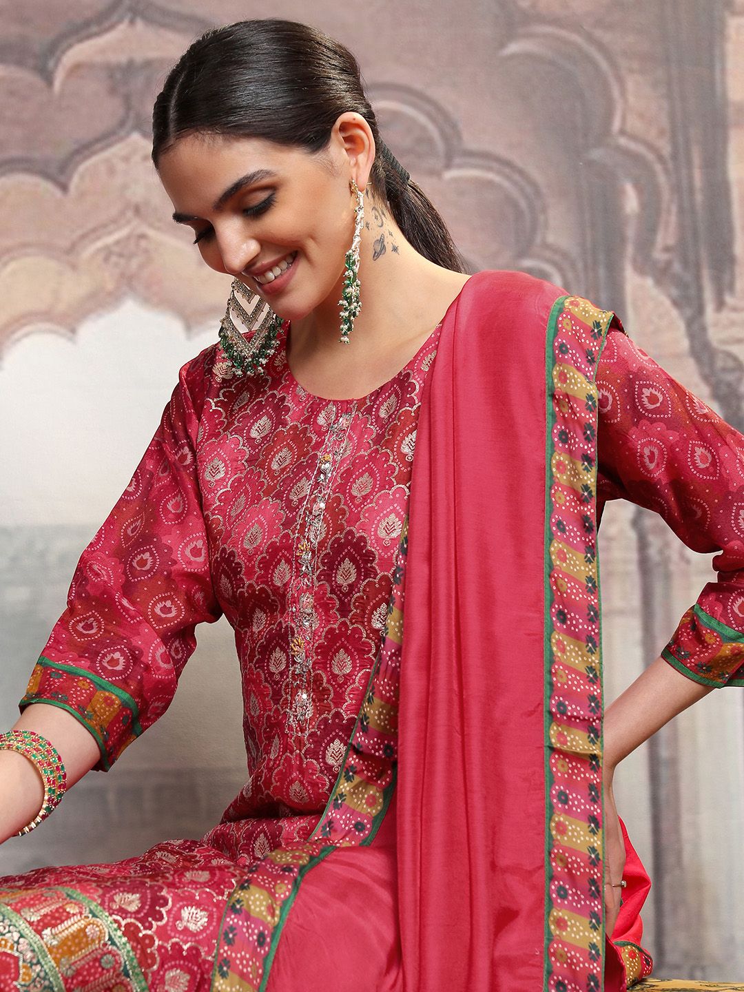Vishudh Red Ethnic Motifs Printed Straight Kurta With Trousers & Dupatta