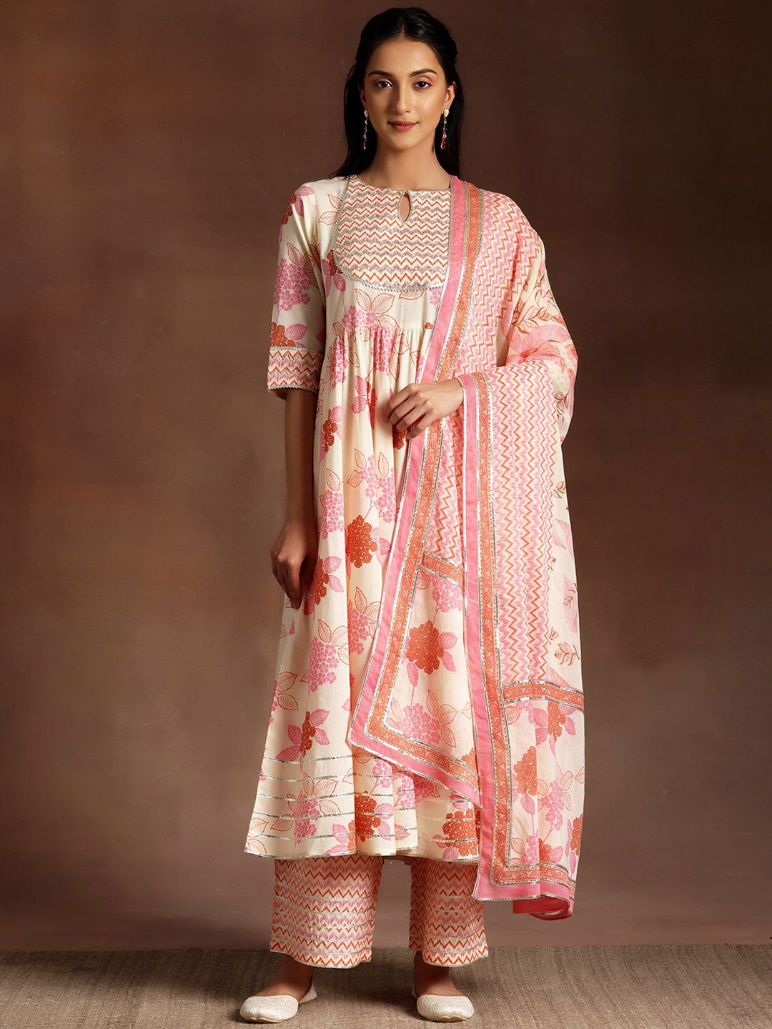 Libas Floral Printed Pleated Gotta Patti Pure Cotton Kurta with Palazzo & Dupatta