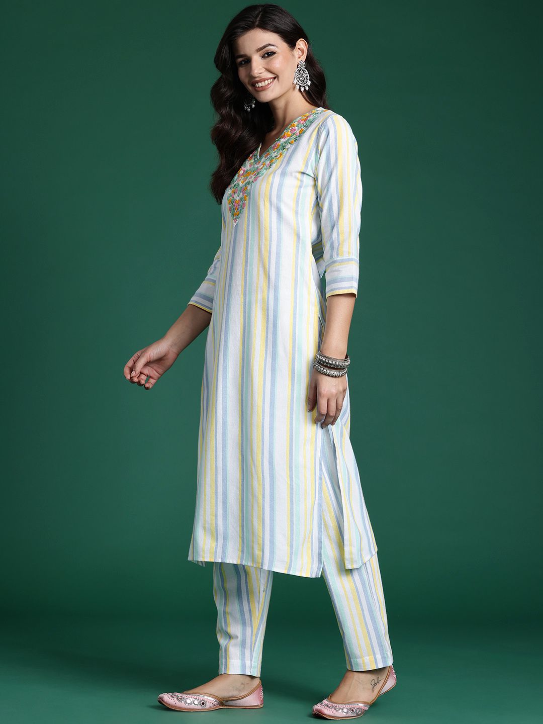 Indo Era Striped Thread Work Pure Cotton Kurta with Trousers