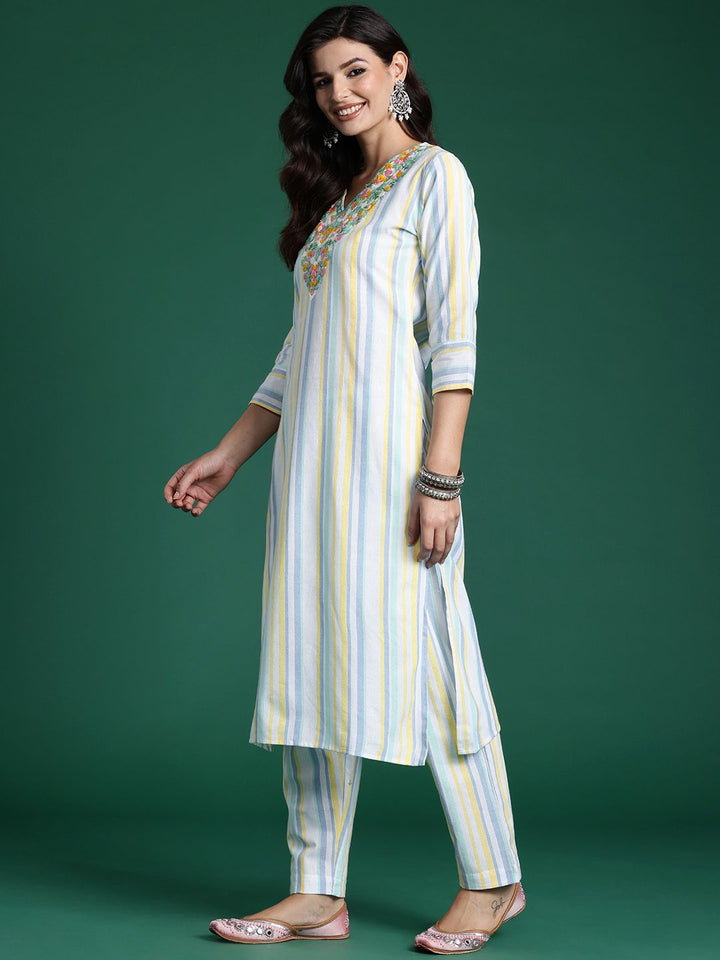 Indo Era Striped Thread Work Pure Cotton Kurta with Trousers