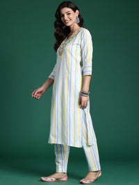 Indo Era Striped Thread Work Pure Cotton Kurta with Trousers