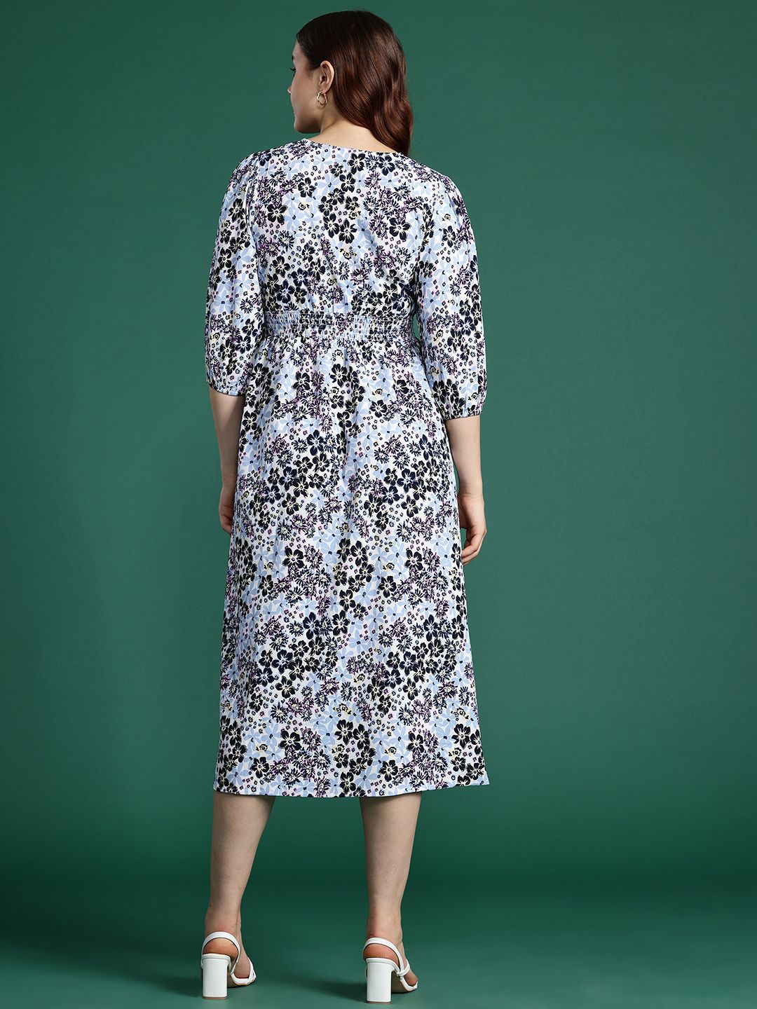 DressBerry Floral Print Puff Sleeve Fit & Flare Midi Dress