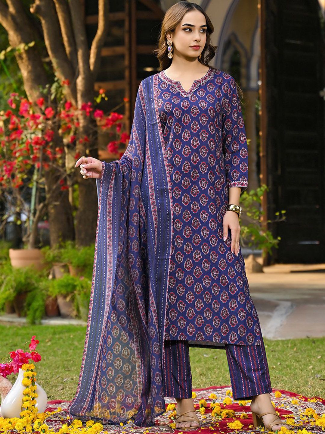 KALINI Floral Printed V-Neck Gotta Patti Straight Kurta With Trousers & Dupatta
