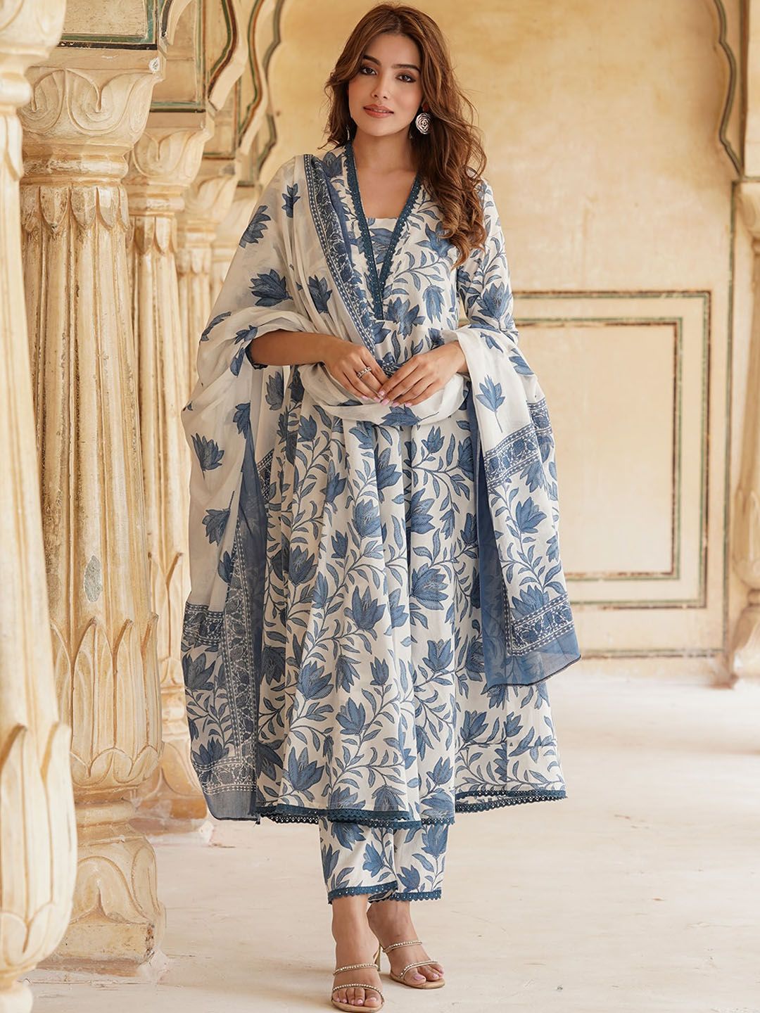 KALINI Floral Printed Square Neck Pure Cotton Anarkali Kurta with Trousers & Dupatta