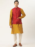 SOJANYA Kurta Sutera Jacquard Kuning Mustard Lelaki dengan Jaket Churidar & Nehru