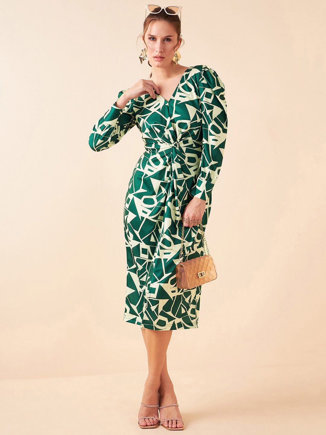Antheaa Green Geometric Printed V-Neck Sheath Midi Dress
