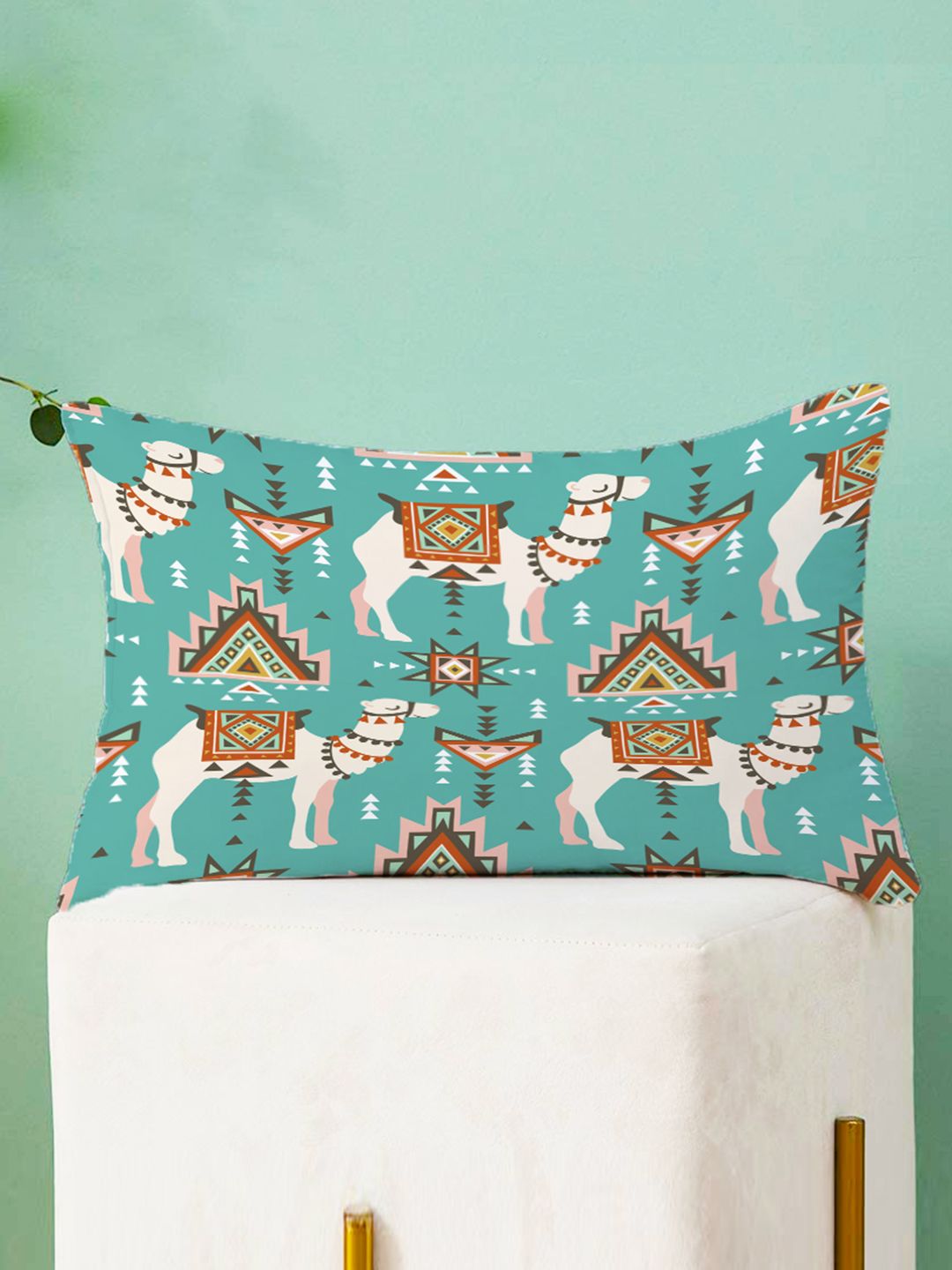 STITCHNEST Yellow & Turquoise Blue Set of 2 Ethnic Motifs Rectangle Cushion Covers