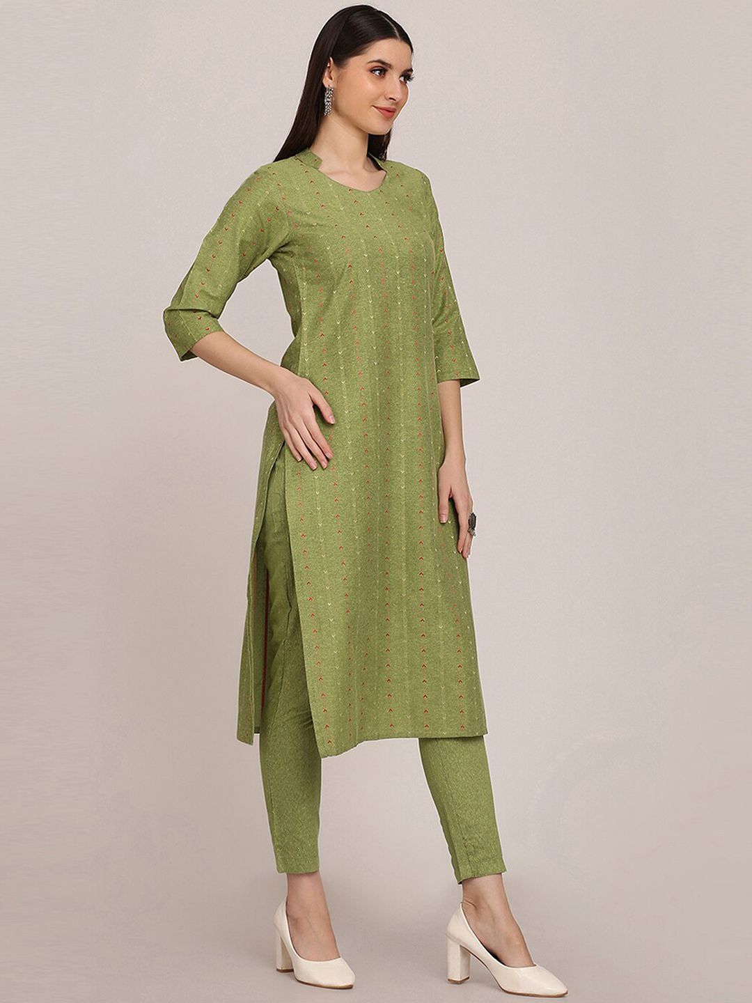 KALINI Geometric Woven Design Mandarin Collar Straight Kurta With Trouser