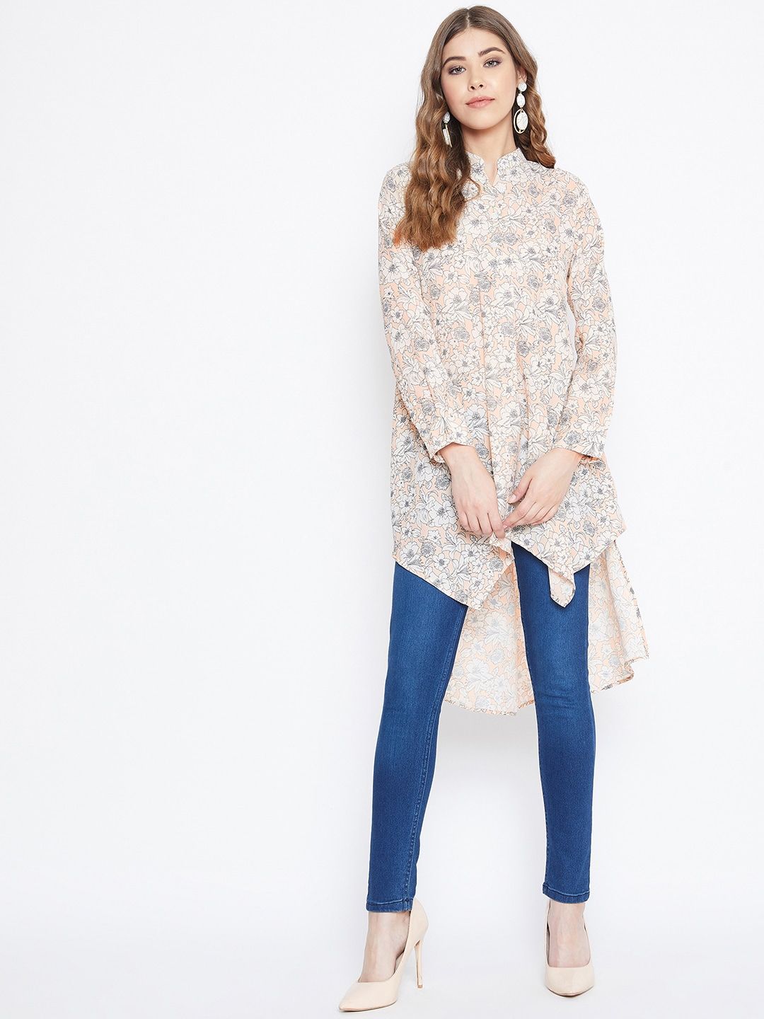 Berrylush Beige Floral Printed Crepe Shirt Style Top