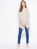Berrylush Beige Floral Printed Crepe Shirt Style Top