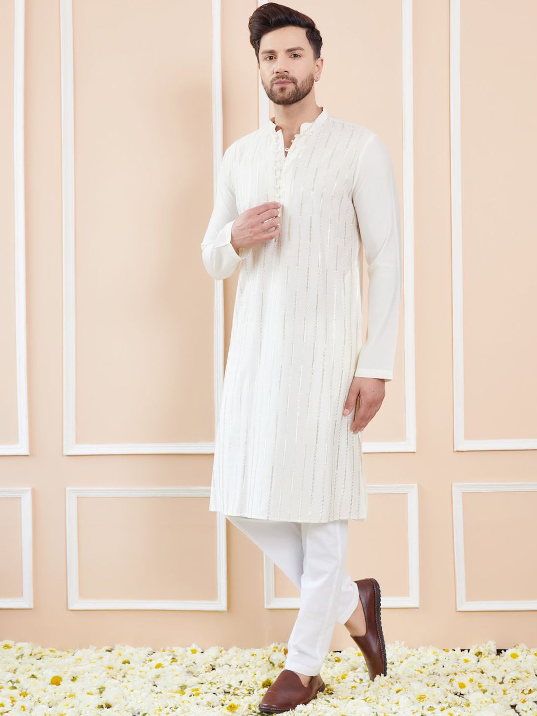 See Designs Mandarin Collar Striped Thread Work Chanderi Silk Straight Kurta