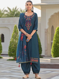 Varanga Floral Yoke Design Thread Work Straight Kurta With Salwar & Dupatta