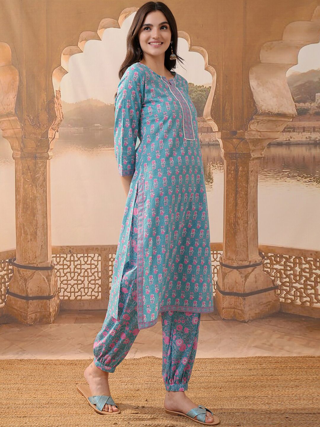 Vishudh Blue Floral Printed Regular Pure Cotton Straight Kurta with Trousers & Dupatta