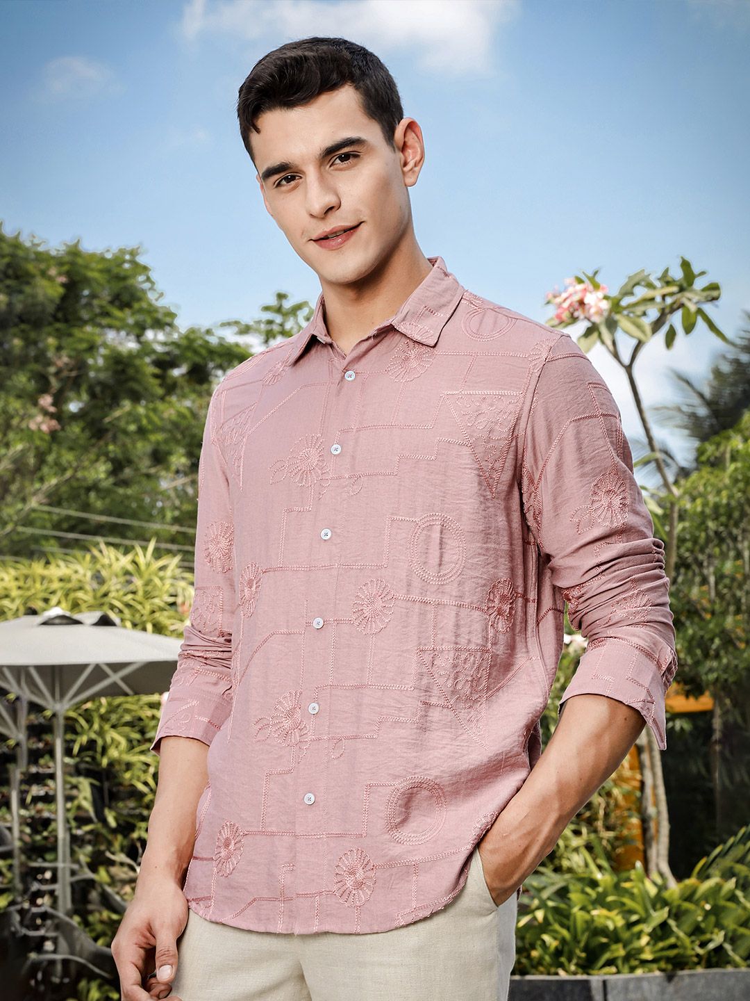 Thomas Scott Men Regular Fit Long Sleeves Embroidered Shirt