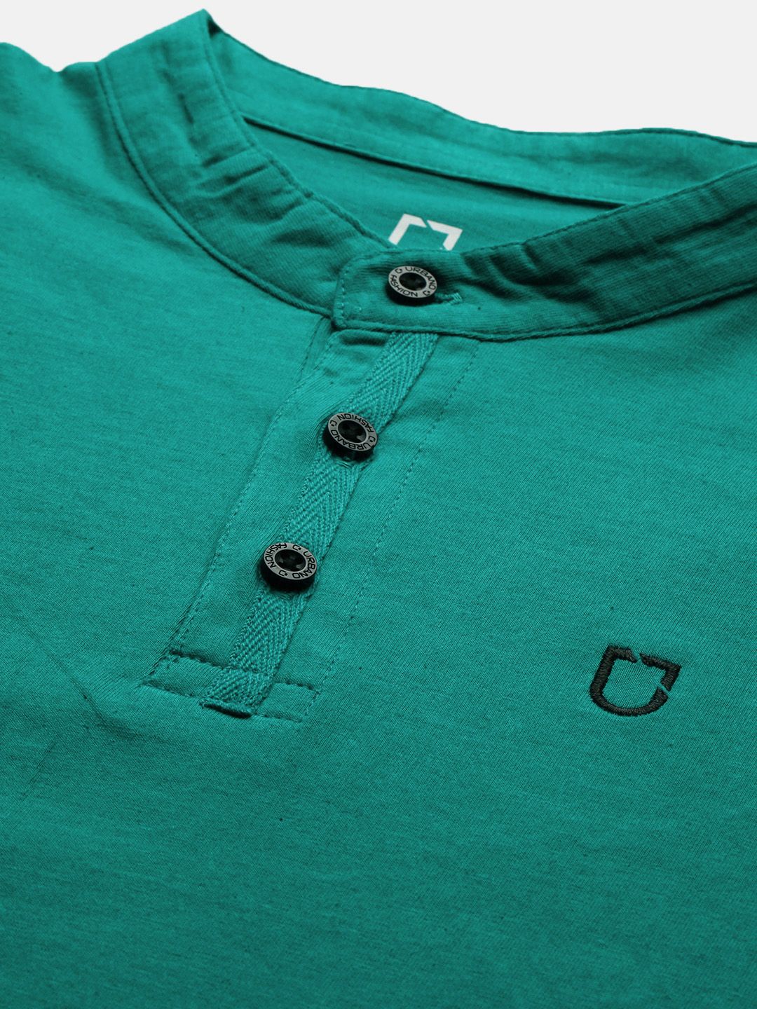 Urbano Fashion Men Teal Green Slim Fit Solid Mandarin Collar Pure Cotton T-shirt