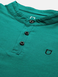 Urbano Fashion Men Teal Green Slim Fit Solid Mandarin Collar Pure Cotton T-shirt