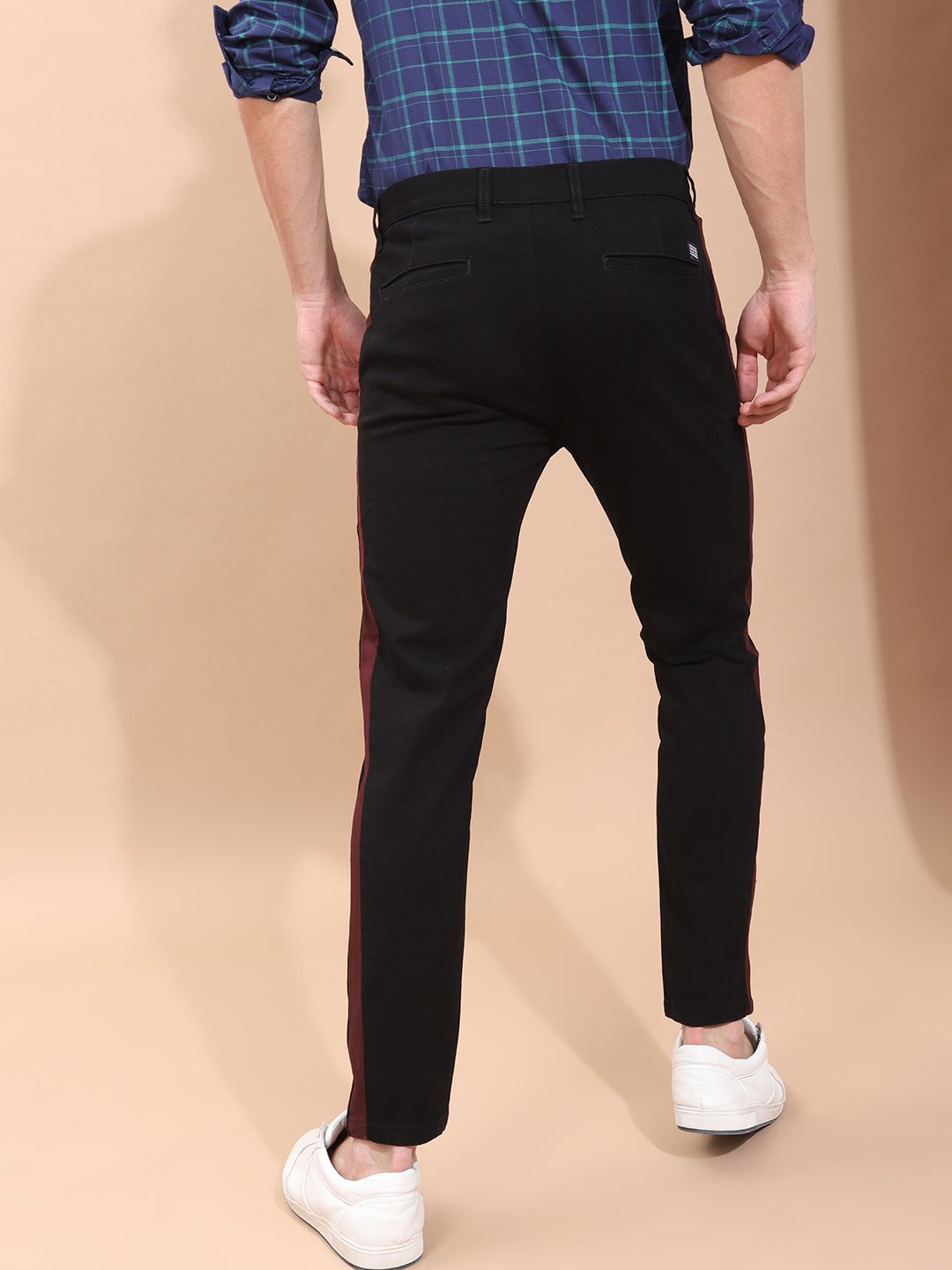 The Indian Garage Co Men Black Slim Fit Solid Chinos With Side Strip Detail