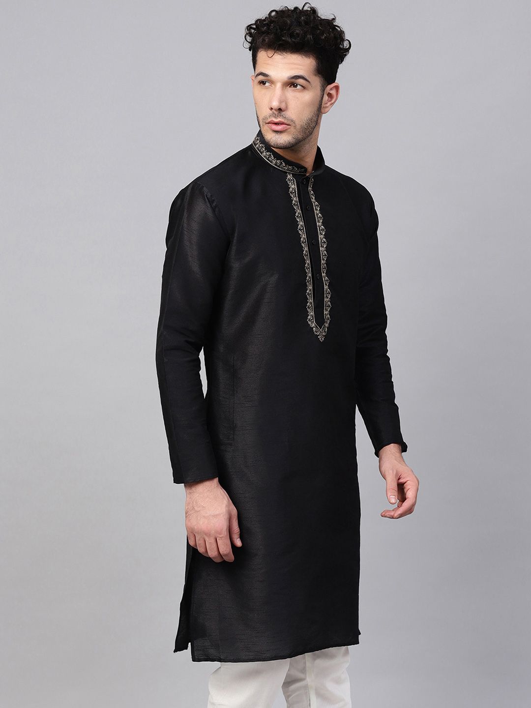 SOJANYA Men Black Yoke Design Straight Kurta