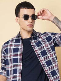 The Indian Garage Co Men Navy Blue & White Slim Fit Tartan Checks Checked Casual Shirt