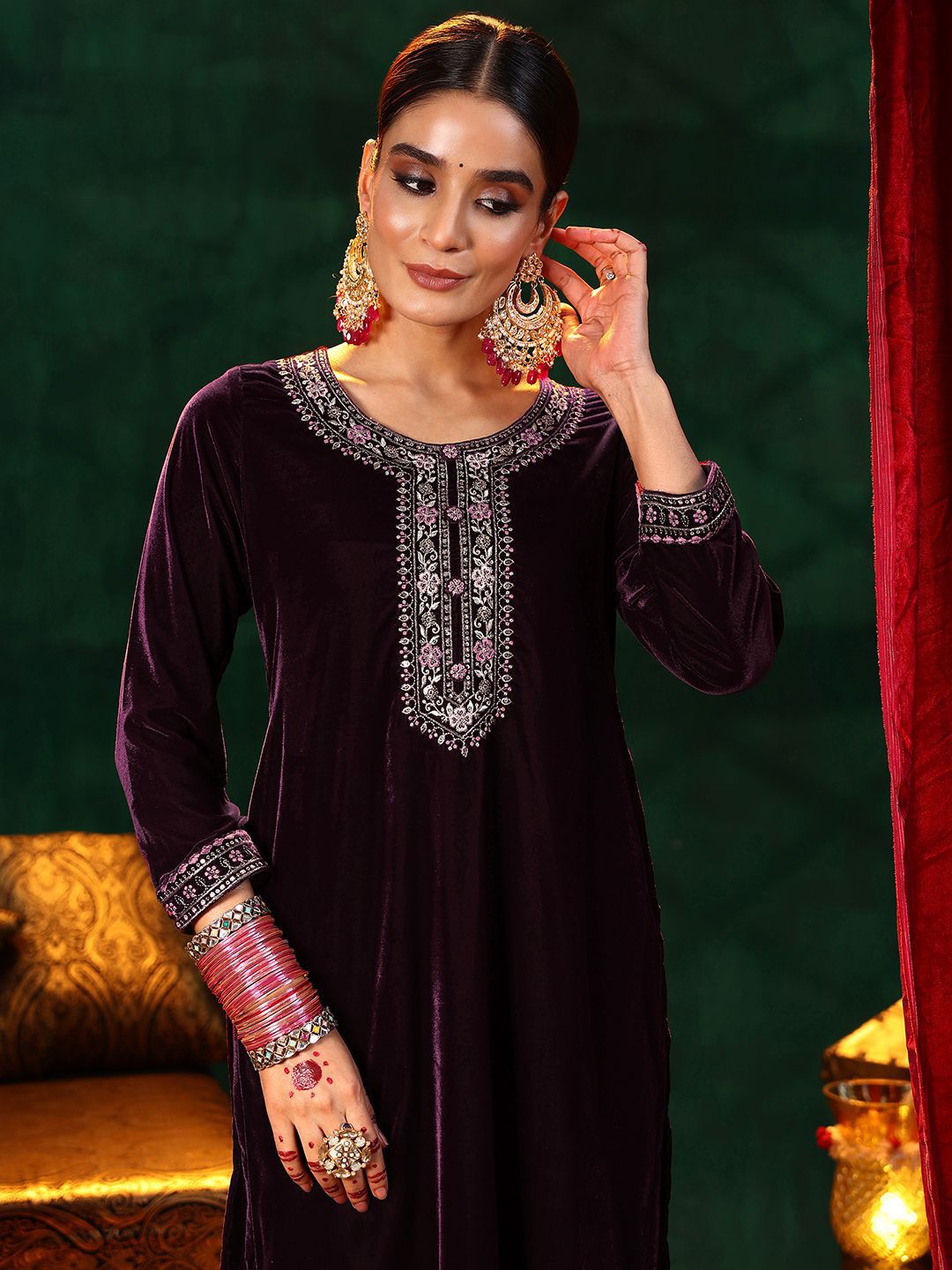 Libas Floral Yoke Design Sequinned Velvet Straight Kurta with Trousers & With Dupatta