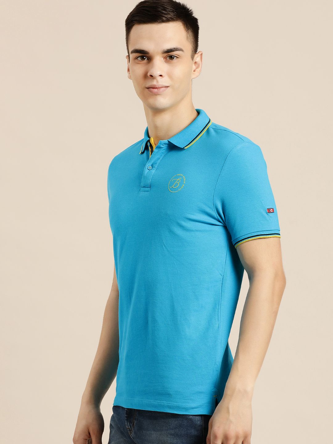 Being Human Men Blue Polo Collar Indigo Pure Cotton Slim Fit T-shirt With Brand Logo Print