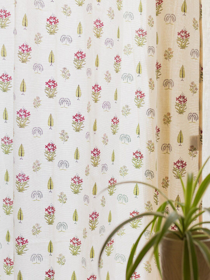 URBAN SPACE Off White & Red 2-Pieces Ethnic Motifs Printed Cotton Window Curtains