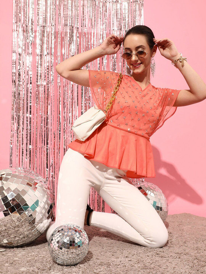 STREET 9 Orange Embellished Extended Sleeves Net Top