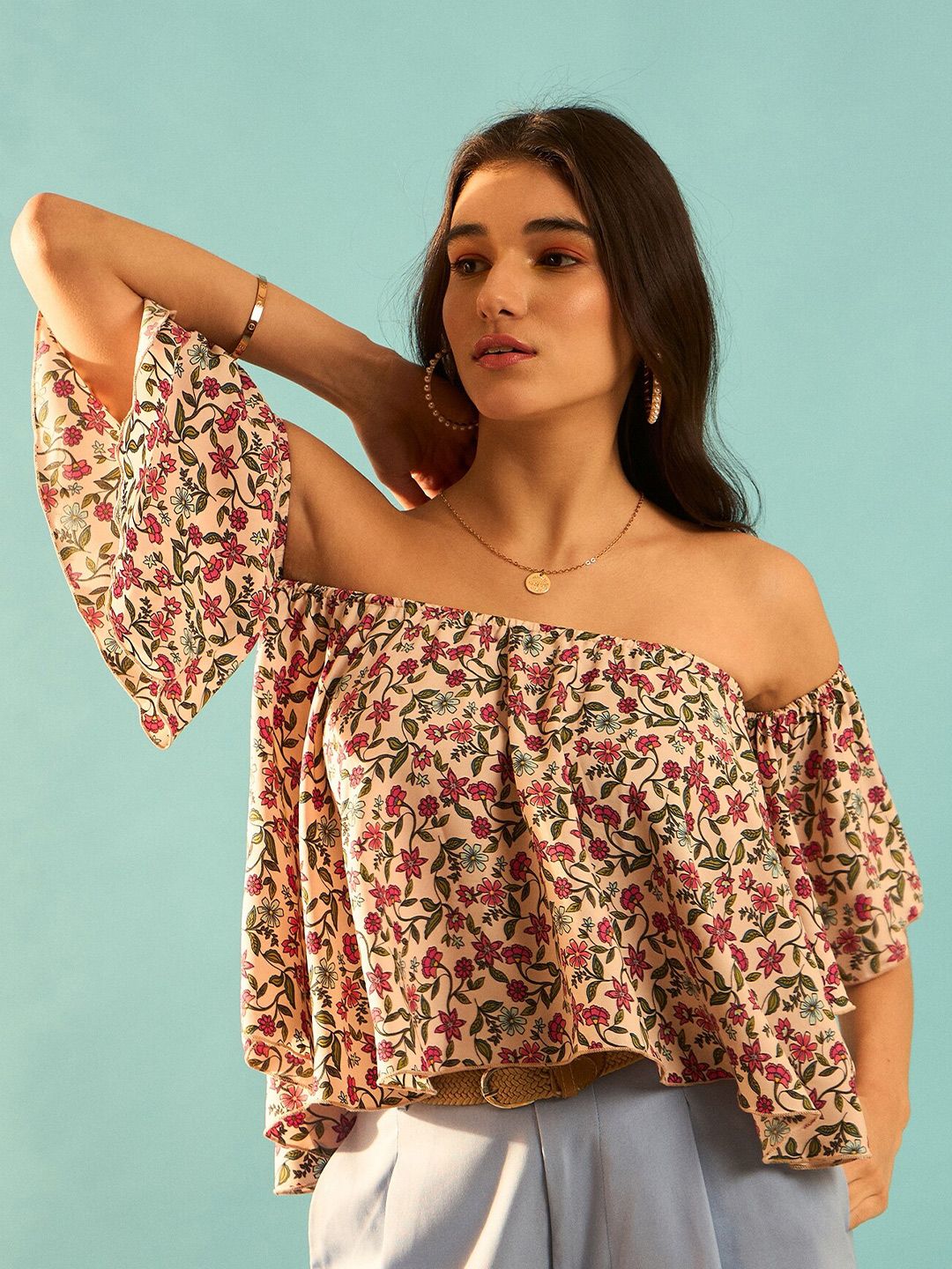 Berrylush Curve Pink Floral Printed Off  Shoulder Flared Sleeve Bardot Top