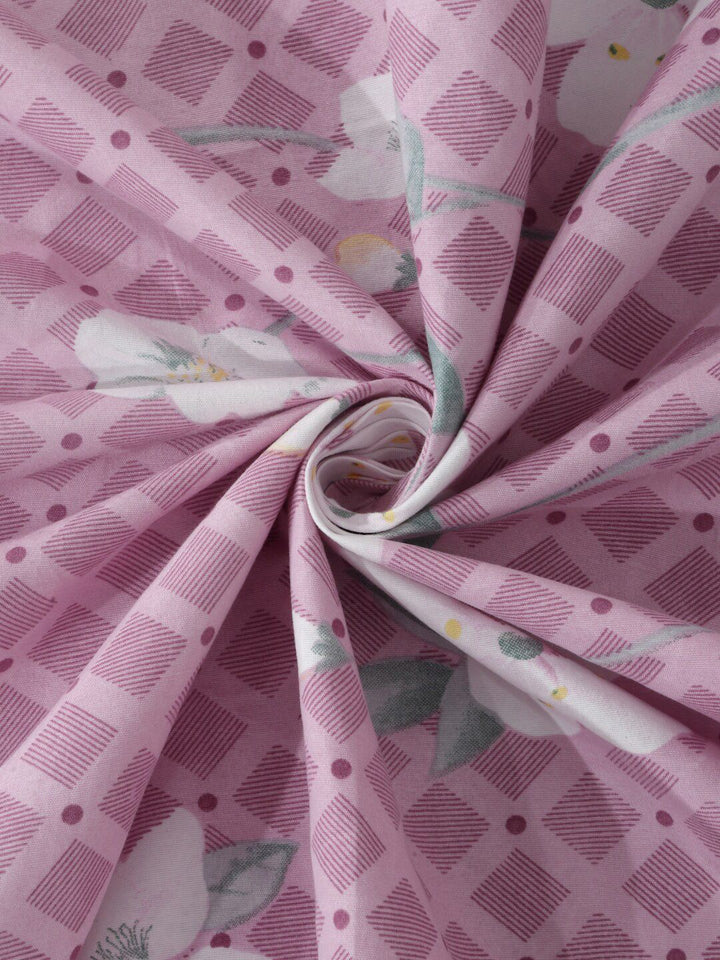KLOTTHE Purple Floral Cotton 300 TC Fitted King Fine Bedsheet with 2 Pillow Covers-98 x 89 inches