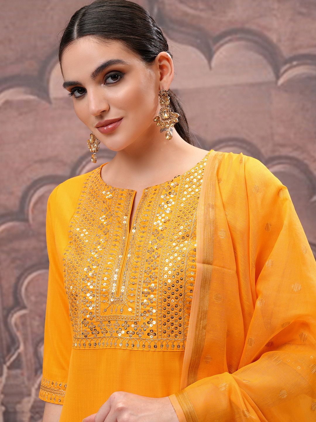 Vishudh Yellow Floral Embroidered Mirror Work Straight Kurta with Palazzo & Dupatta