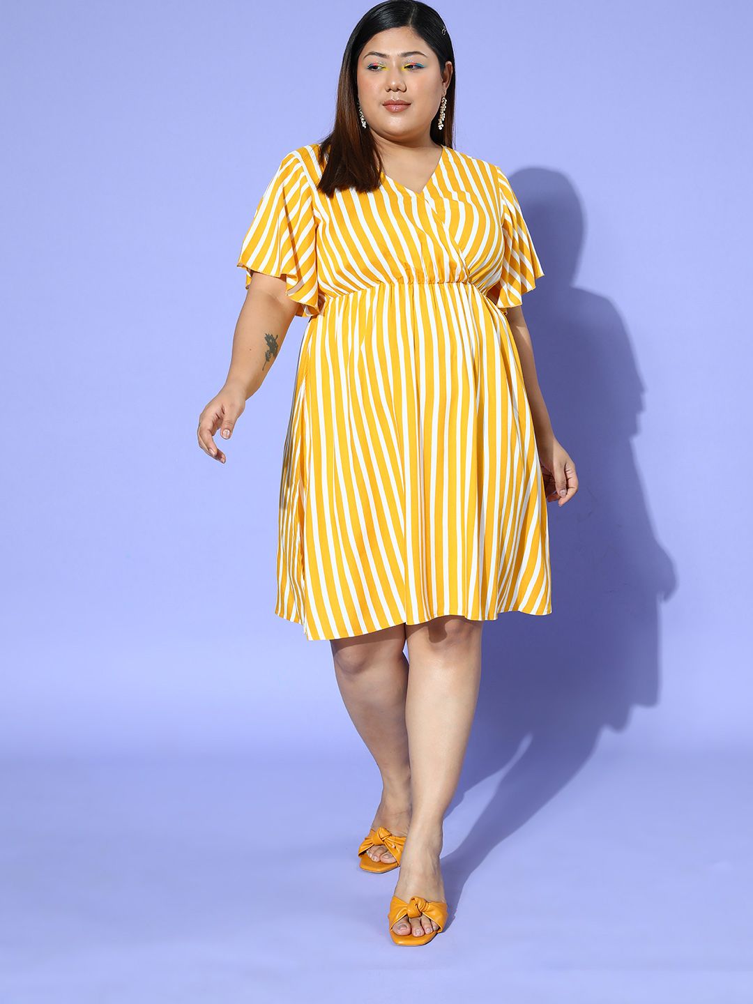 Berrylush Curve Striped Flutter Sleeve A-Line Dress