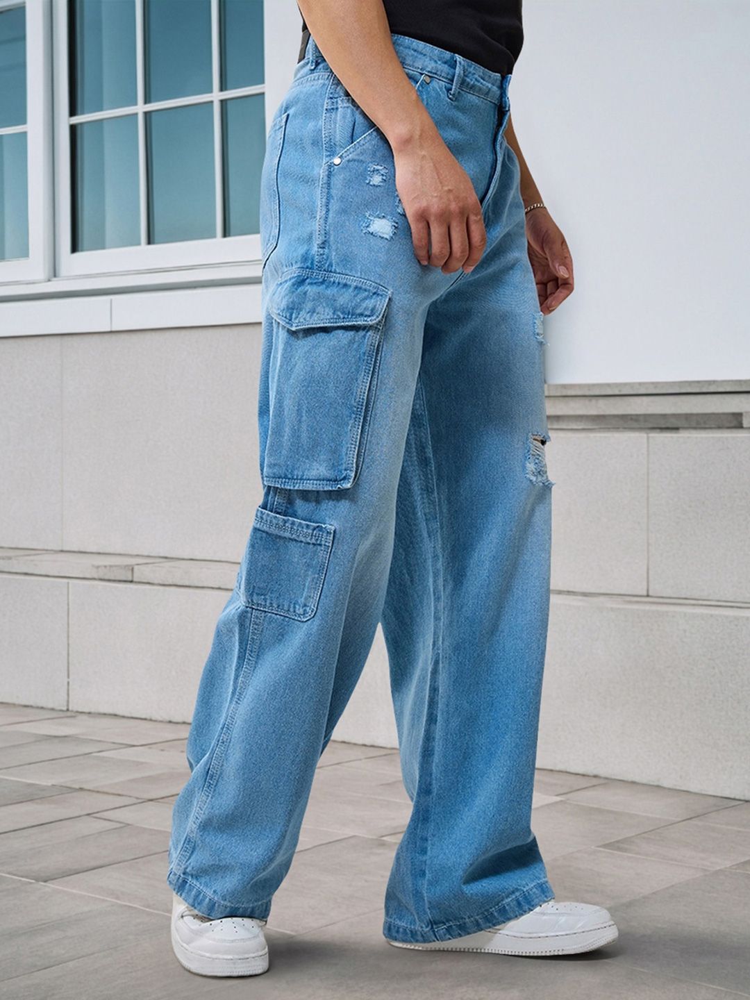 Bewakoof Straight Fit High-Rise Mildly Distressed Light Fade Organic Cotton Baggy Jeans