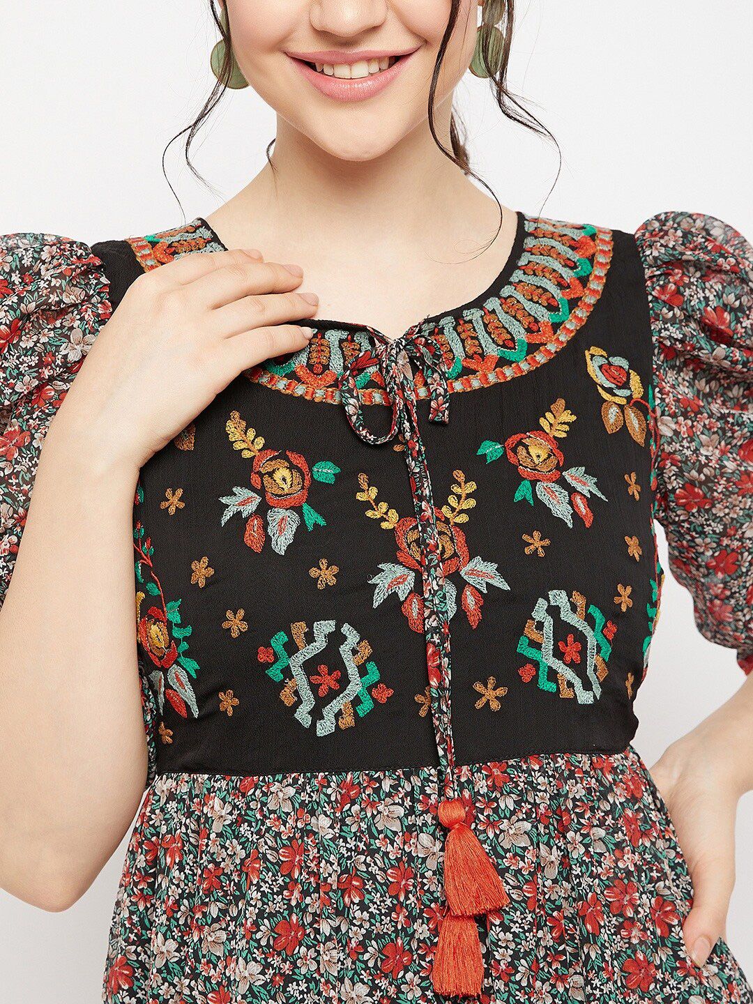 Antheaa Tie-Up Neck Floral Printed Embroidered Tiered Chiffon Fit & Flare Midi Dress