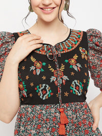 Antheaa Tie-Up Neck Floral Printed Embroidered Tiered Chiffon Fit & Flare Midi Dress