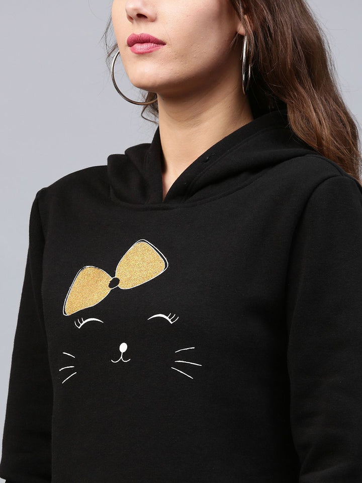 SASSAFRAS Women Black Printed Detail Hooded Crop Sweatshirt