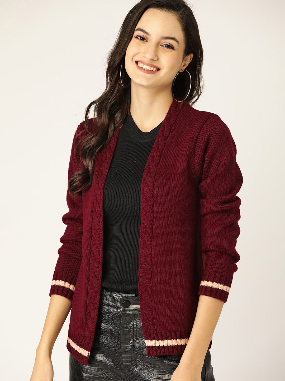 DressBerry Women Maroon Solid Open Front Sweater