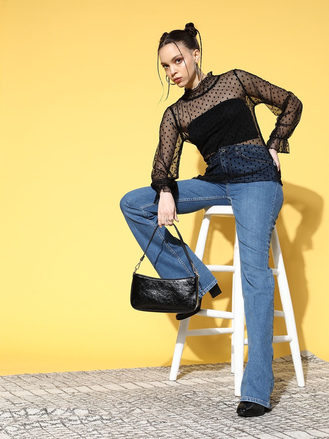 Berrylush Black High Neck Bishop Sleeves Sheer Crepe Top