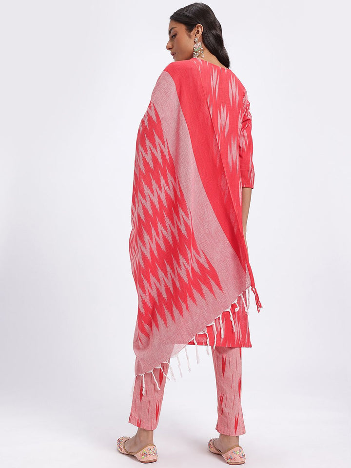 Anouk Ikat Printed Pure Cotton Straight Kurta with Trousers & Dupatta