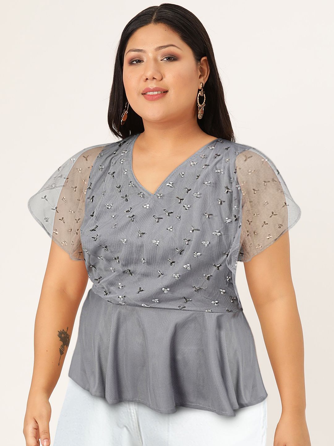 STREET 9 Grey Embellished Flared Sleeves Layered Net Wrap Top