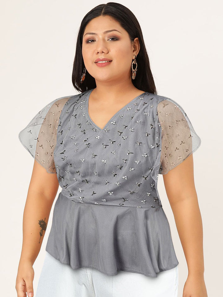 STREET 9 Grey Embellished Flared Sleeves Layered Net Wrap Top