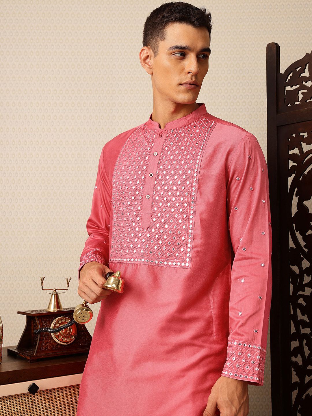 House of Pataudi Embroidered Mandarin Collar Mirror Work Jashn Kurta with Salwar